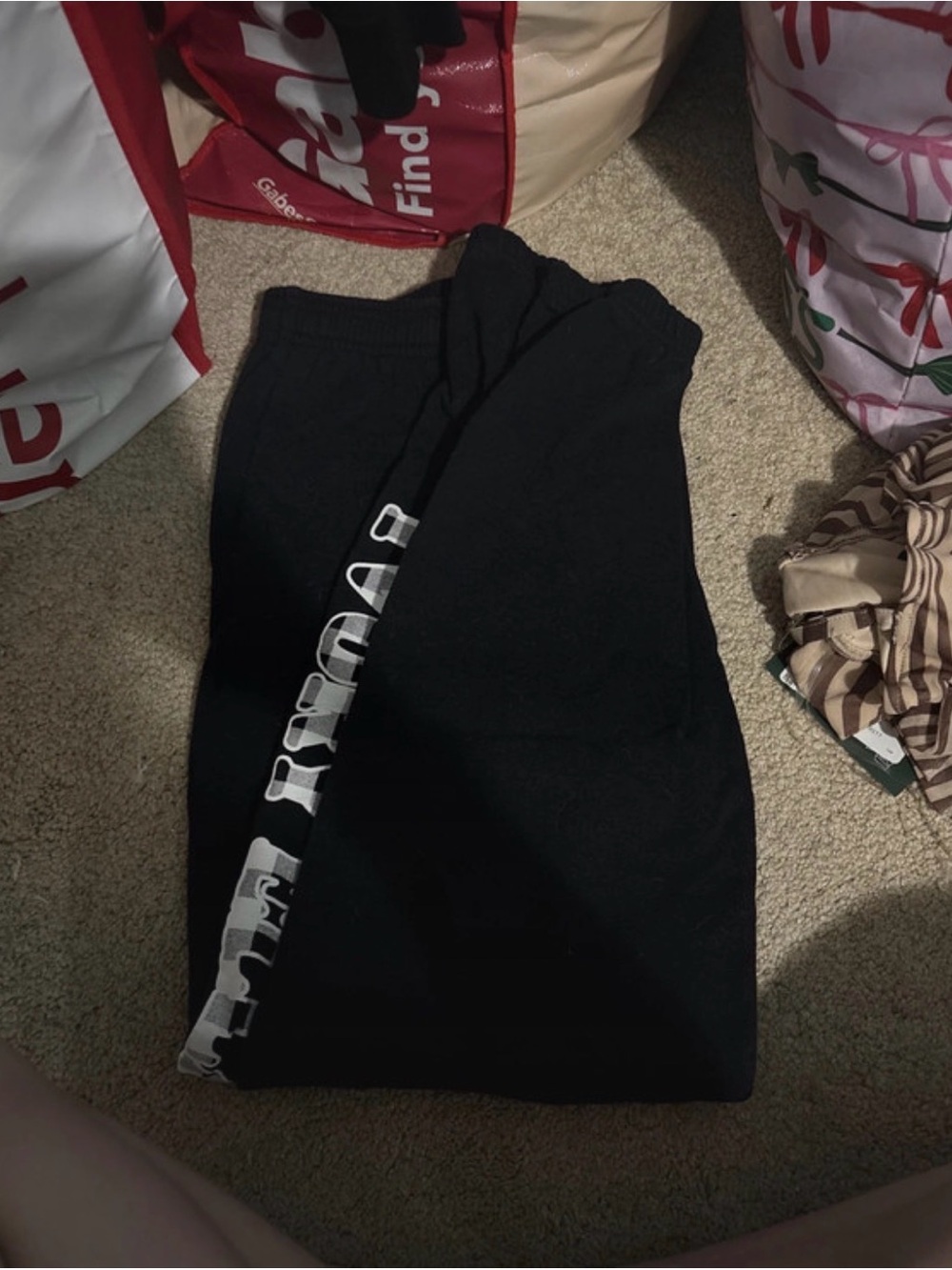 ivory ella Black Sweatpants with White Logo Stripe